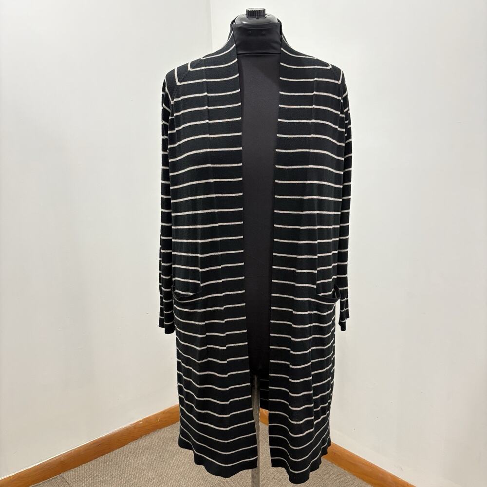 A New Day Womens XL Duster Cardigan Black Taupe Striped Long Open Front Pockets